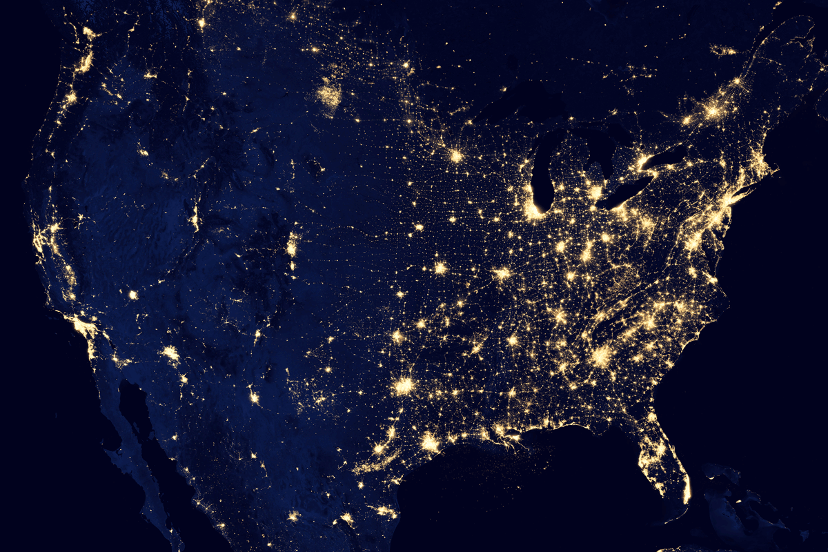 continental United States at night is a composite assembled from data acquired by the Suomi NPP satellite in April and October 2012